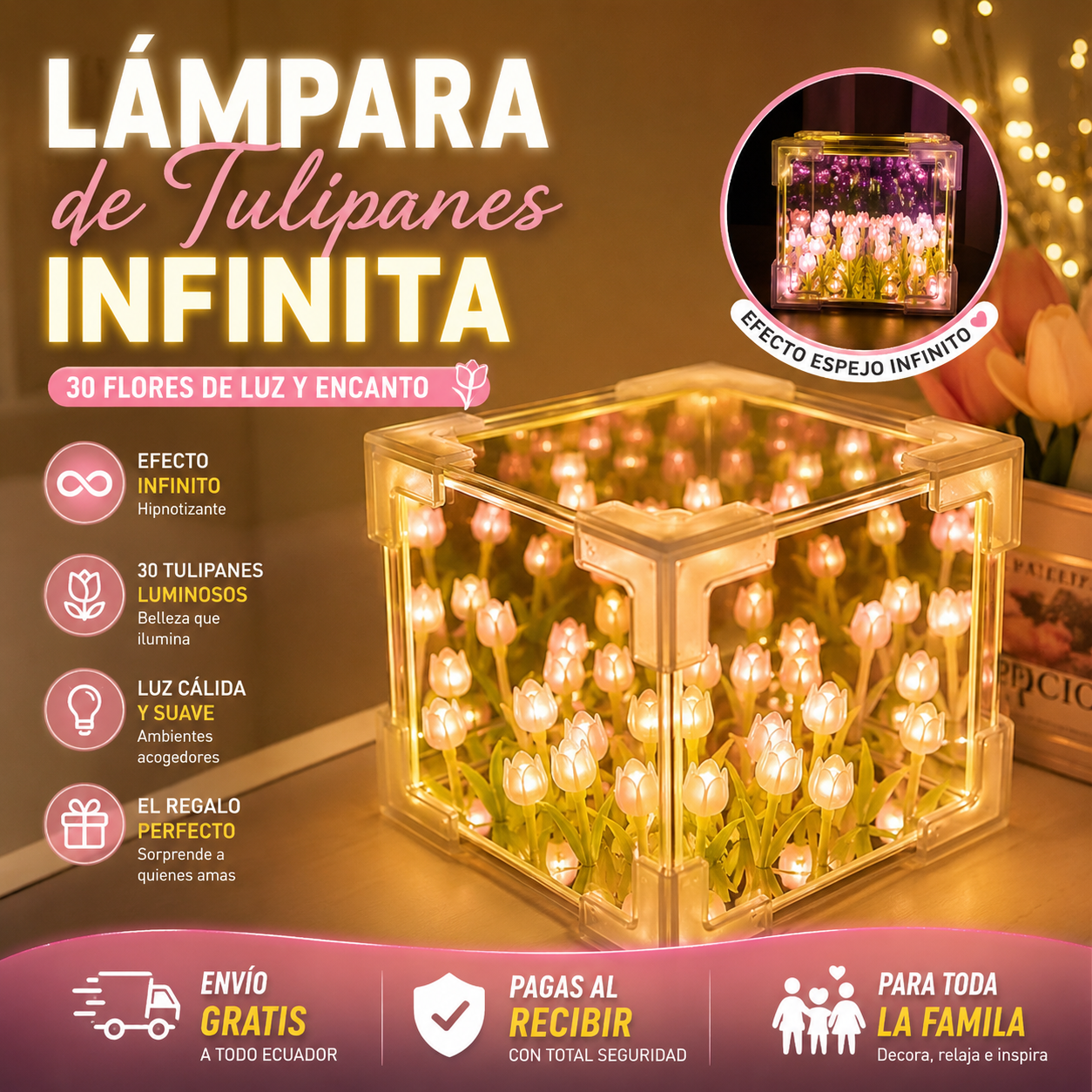 Lámpara Infinita de Tulipanes con efecto espejo y luz cálida 🌷 Convierte cualquier rincón en un espacio mágico y acogedor