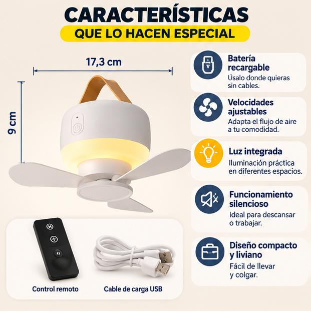 💨 Ventilador Portátil Recargable con Luz y Control Remoto