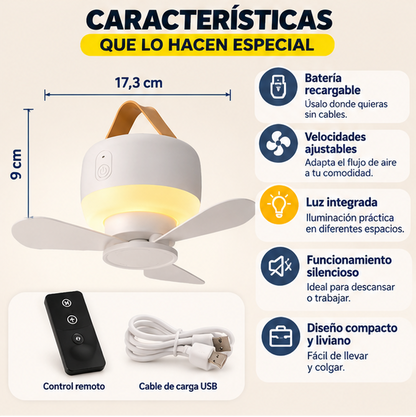 💨 Ventilador Portátil Recargable con Luz y Control Remoto