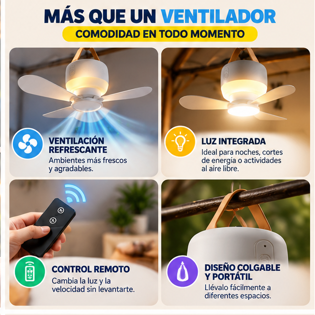 💨 Ventilador Portátil Recargable con Luz y Control Remoto