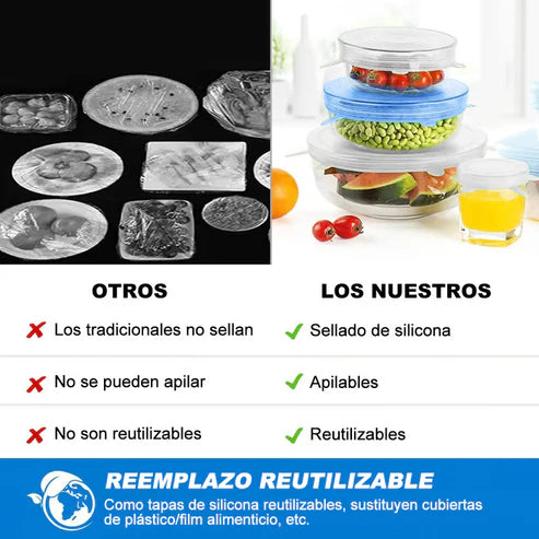 Cocina organizada, comida fresca y cero desperdicio / Tapas de silicona selladoras de alimentos (Pack x6)