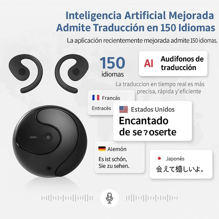 Audífonos INALAMBRICOS IA TRADUCCIÓN Habla 150 idiomas en segundos — sin Wi-Fi, sin aplicaciones complicadas, sin estrés.