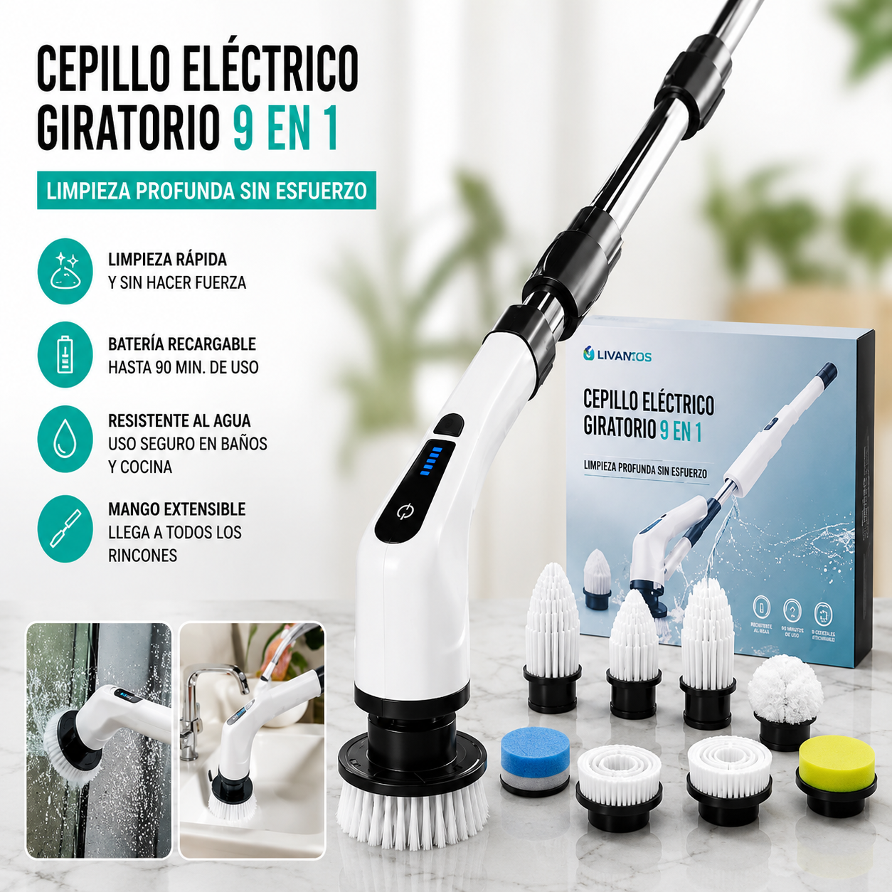 🧼✨ Cepillo Eléctrico Giratorio 9 en 1 Recargable 💥 ¡Limpia sin esfuerzo y en menos tiempo!