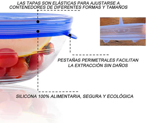 Cocina organizada, comida fresca y cero desperdicio / Tapas de silicona selladoras de alimentos (Pack x6)